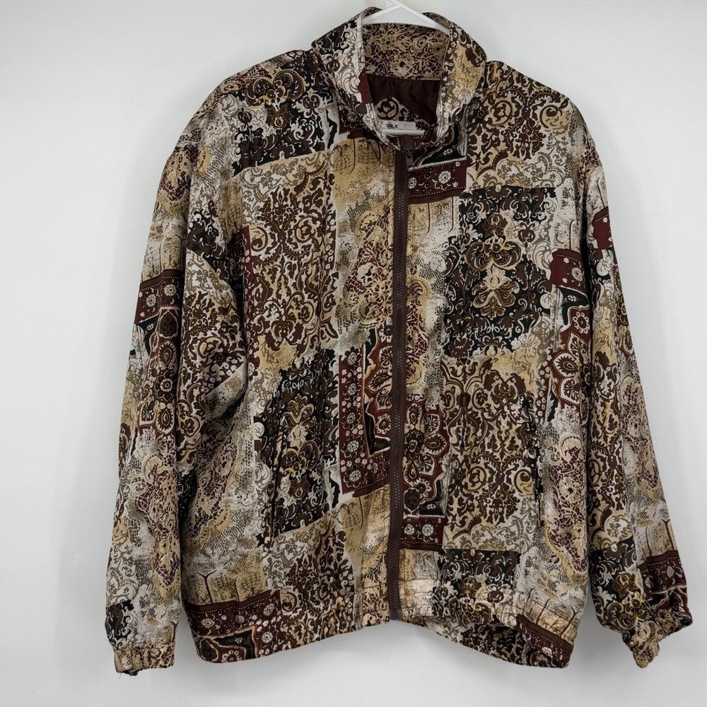 Vintage Silk Posture Silk Bomber Jacket Large Brown Paisley Baroque Print